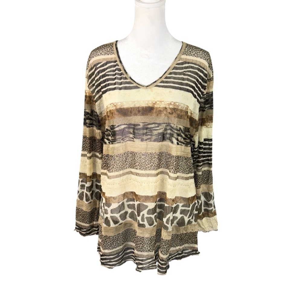 Jess & Jane XL Sheer Mesh V-Neck Top Mixed Animal Print Tunic 3/4 Sleeve Crinkle